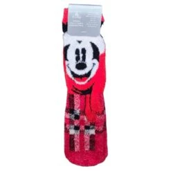 Disney Adult Socks - Fuzzy Red Plaid Holiday Santa Mickey