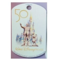 Disney Engraved ID Tag - Disney World 50th Anniversary - Walt And Mickey Partners At Castle - Oval